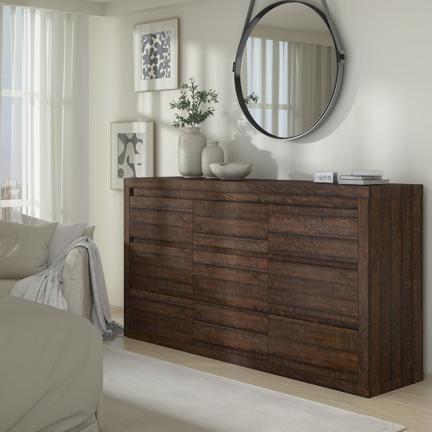 Modern 9 Drawer Dresser for Bedroom, Wide Chest of Drawers with Anti-Tipping Device, Wooden Storage Cabinet and TV Stand for Closet, Living Room or Hallway,Brown