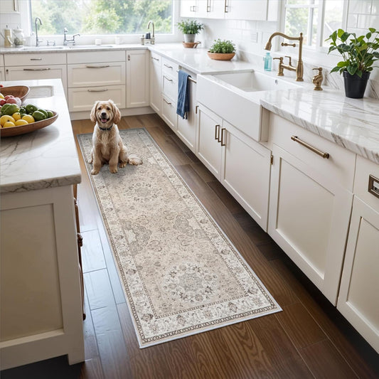 2X6 Hallway Washable Runner Rug : Vintage Soft Kitchen Laundry Runner with Non Slip Backing Farmhouse Entryway Living Room Floor Mat Stain Resistant Carpet for Bedroom Bathroom Distressed beside Rug