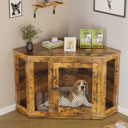 44Inch Corner Dog Crate Furniture,Wooden Dog Kennel Furniture with Mesh,Decorative Wood Dog House for Indoor Use,For Small/Medium/Large Dog,Perfect for Limited Room