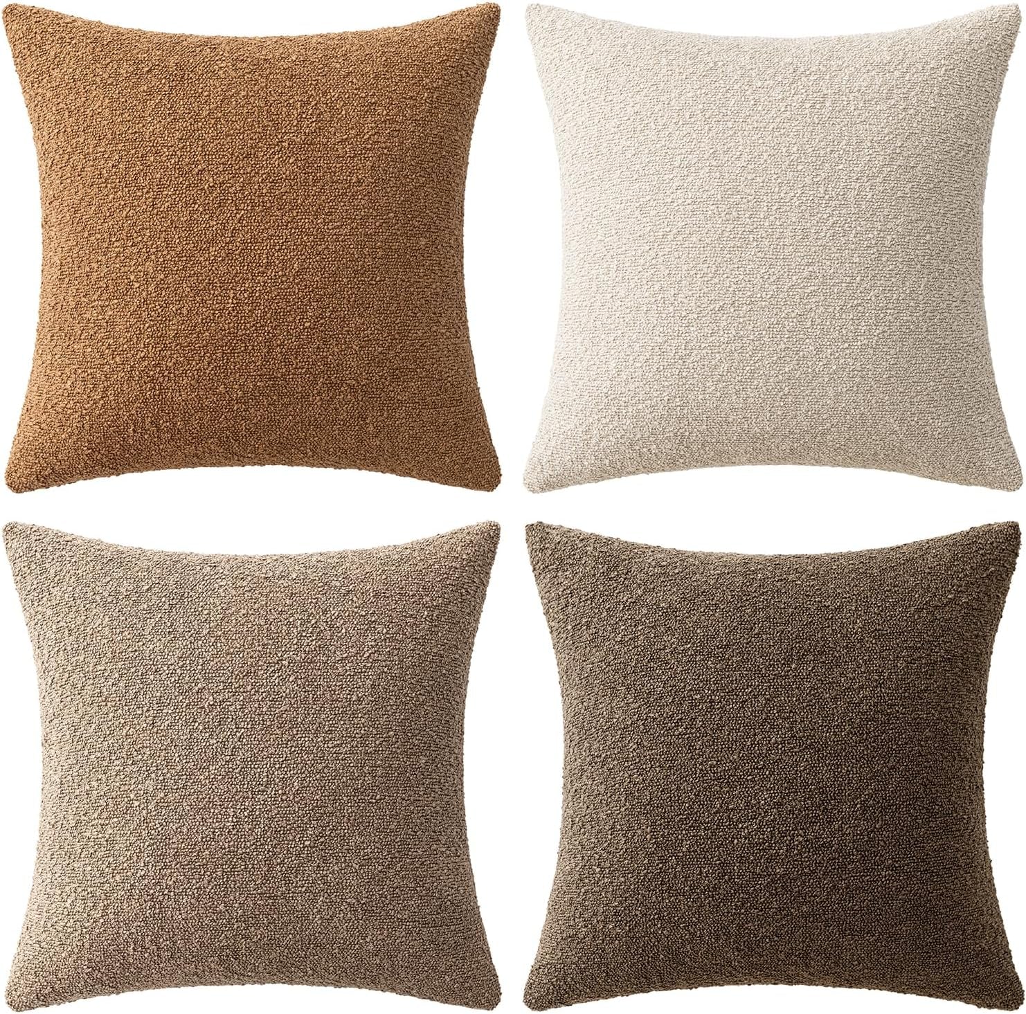 Pack of 4 Decorative Textured Boucle Throw Pillow Covers 18X18 Inch Neutral Brown Accent Solid Pillow Cases Couch Cushion Covers for Fall Modern Farmhouse Boho Chair Sofa Bed Room Home Decor