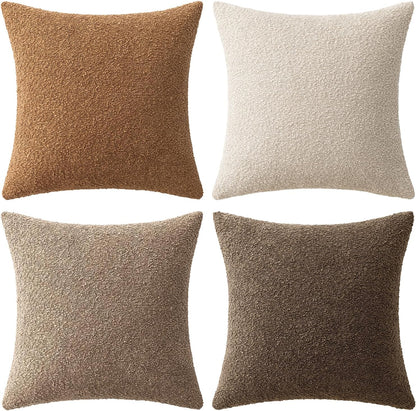 Pack of 4 Decorative Textured Boucle Throw Pillow Covers 18X18 Inch Neutral Brown Accent Solid Pillow Cases Couch Cushion Covers for Fall Modern Farmhouse Boho Chair Sofa Bed Room Home Decor