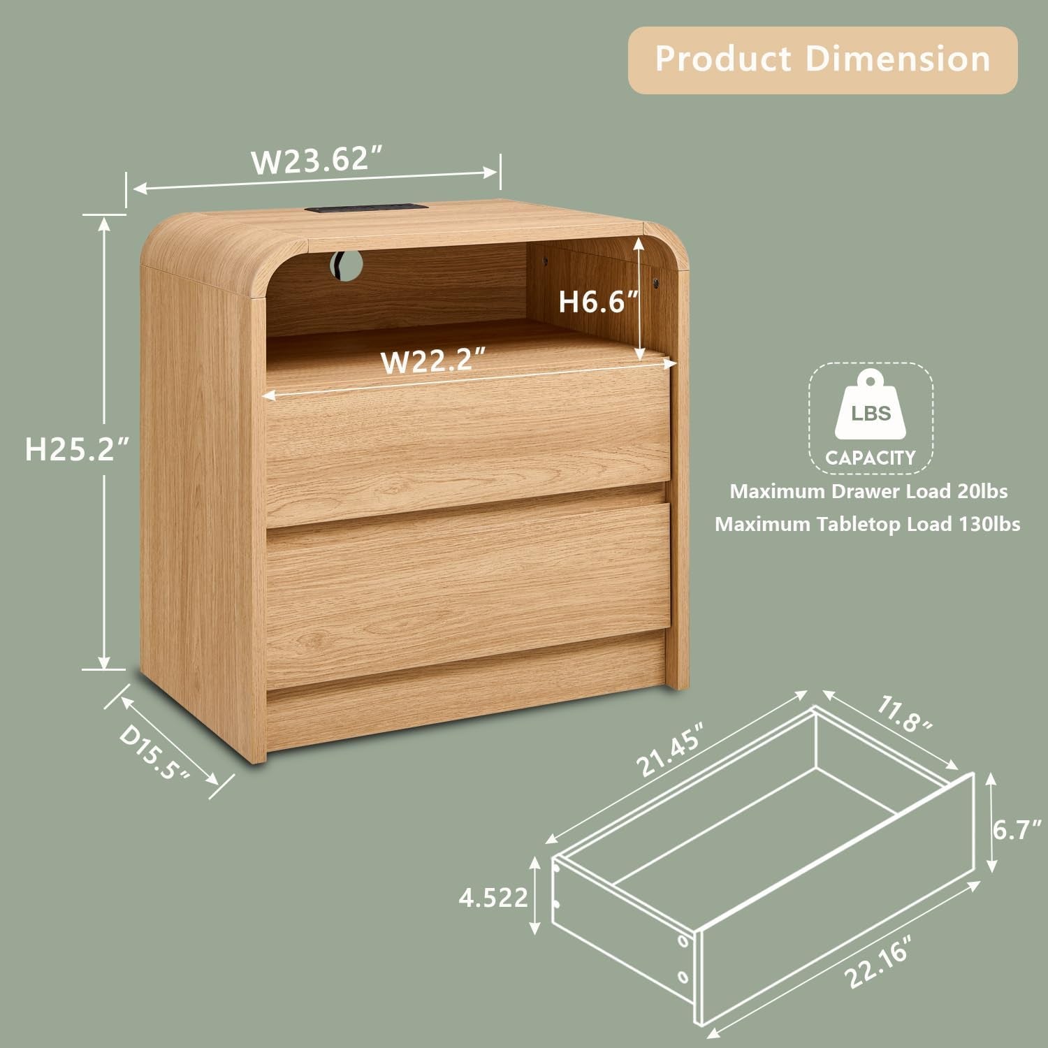 25" Tall Modern Nightstand Set of 2, 23.6'' Wide Wood Bedside Table W/2 Storage Drawers, Charging Station, Mid Century End Table for Bedroom, Living Room,Curved Profile Design, Natural Oak