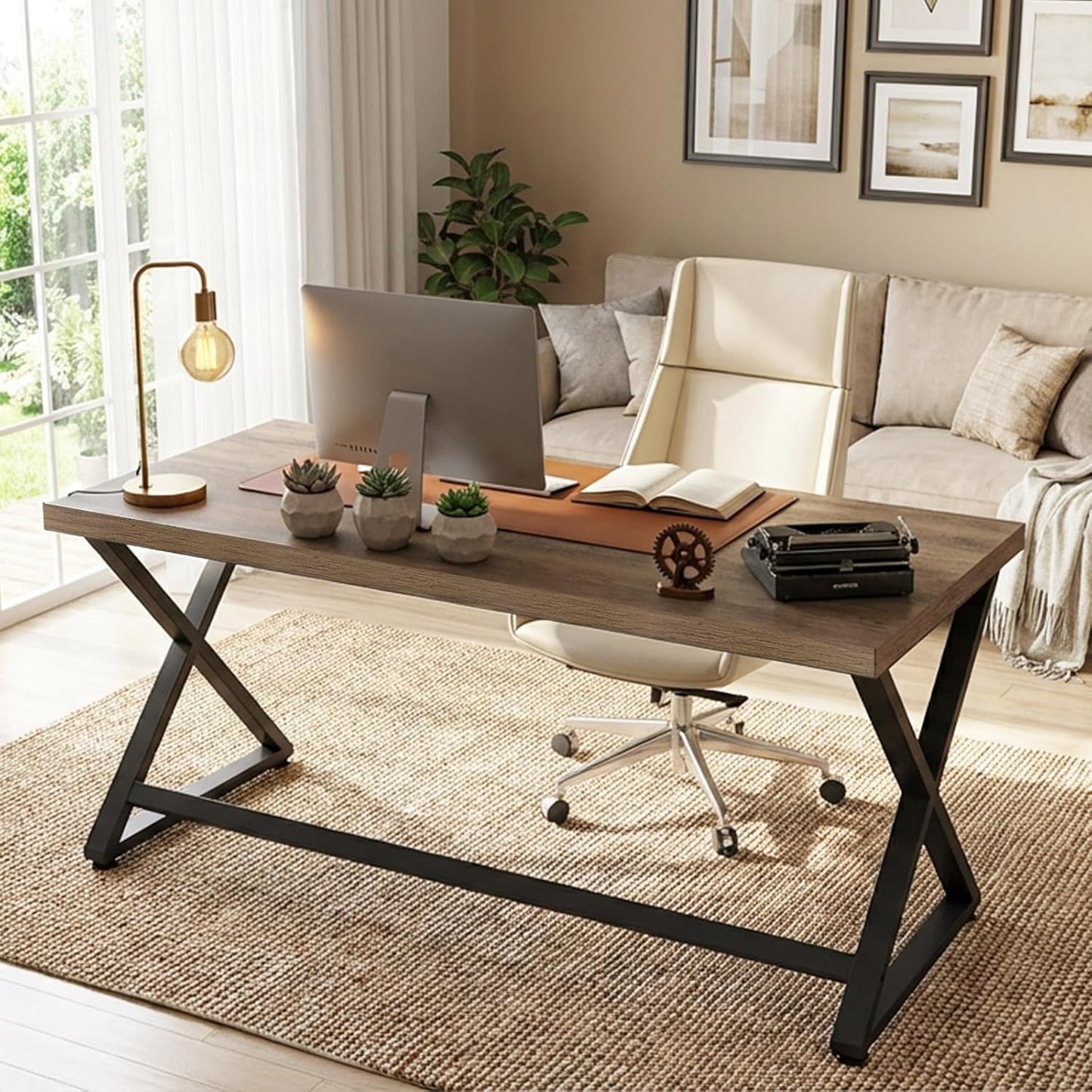 47 Inch Computer Desk, Rustic Home Office Desk for Writing, Industrial Wood Metal Executive Work Study Desk, Modern Simple PC Gaming Computer Table for Study Workstation, Rustic Oak