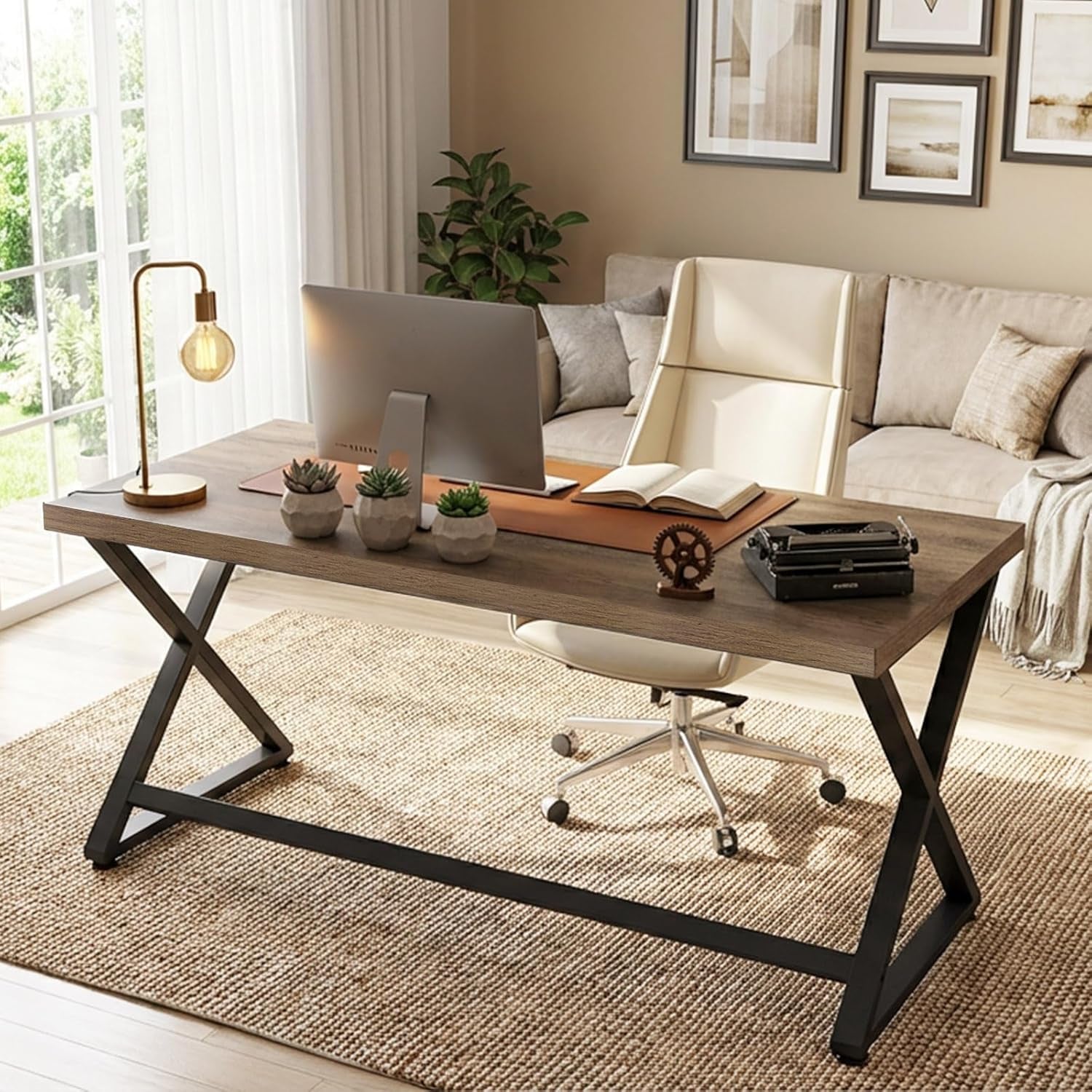 47 Inch Computer Desk, Rustic Home Office Desk for Writing, Industrial Wood Metal Executive Work Study Desk, Modern Simple PC Gaming Computer Table for Study Workstation, Rustic Oak