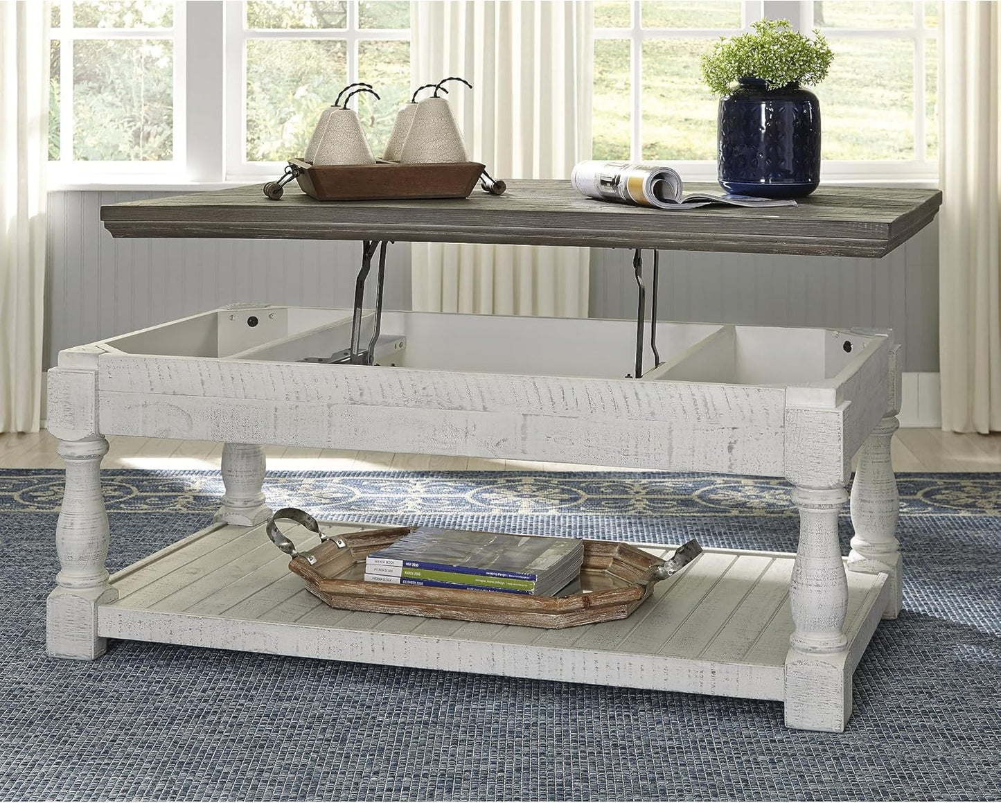 Havalance Farmhouse Lift Top Coffee Table with Fixed Shelf and 2 Hidden Storage Trays, Gray & White with Weathered Finish