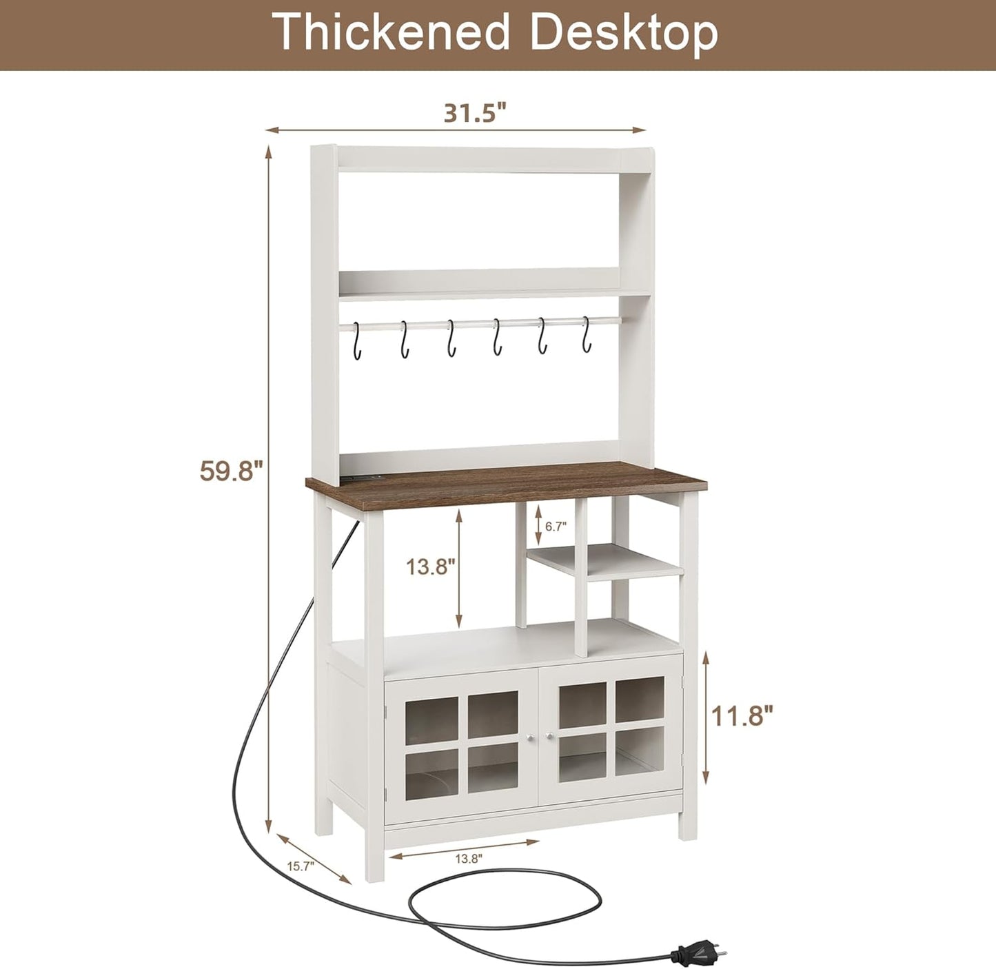 Farmhouse Bakers Rack with Power Outlets and Storage, Coffee Bar Cabinet with Storage, Microwave Stand Kitchen Cabinet with Hutch and 6 Hooks, Soft White & Brown
