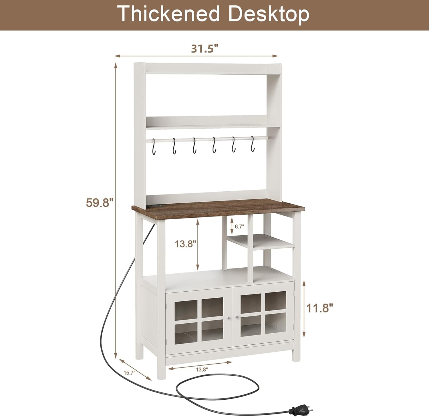 Farmhouse Bakers Rack with Power Outlets and Storage, Coffee Bar Cabinet with Storage, Microwave Stand Kitchen Cabinet with Hutch and 6 Hooks, Soft White & Brown