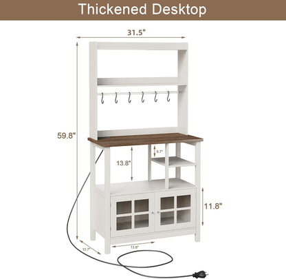 Farmhouse Bakers Rack with Power Outlets and Storage, Coffee Bar Cabinet with Storage, Microwave Stand Kitchen Cabinet with Hutch and 6 Hooks, Soft White & Brown