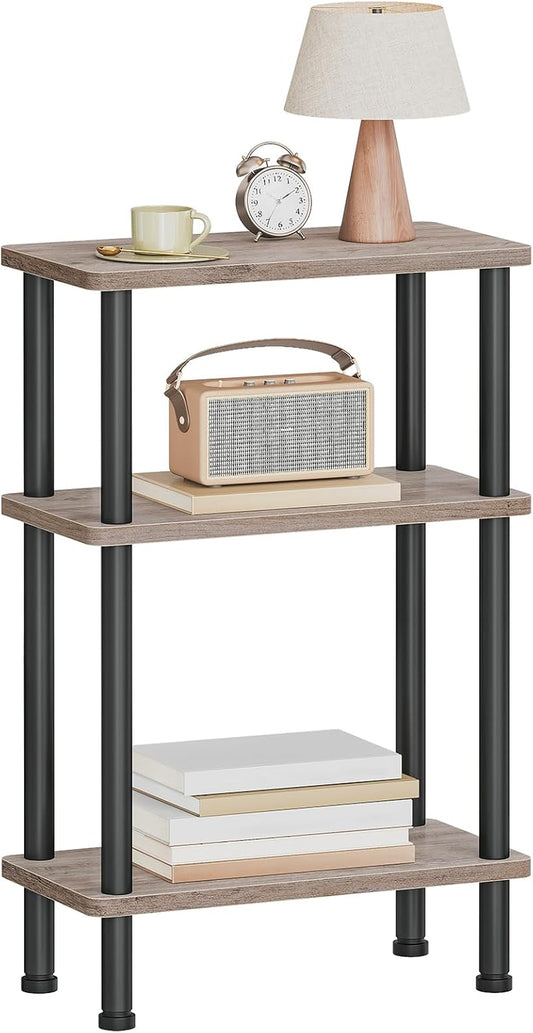 Narrow Side Table, 3-Tier Slim End Table No Tools Needed, Twist-On Assembly, Skinny Nightstand Sofa Storage Shelf for Living Room, Bedroom, Study, Greige and Black BG246BZ01