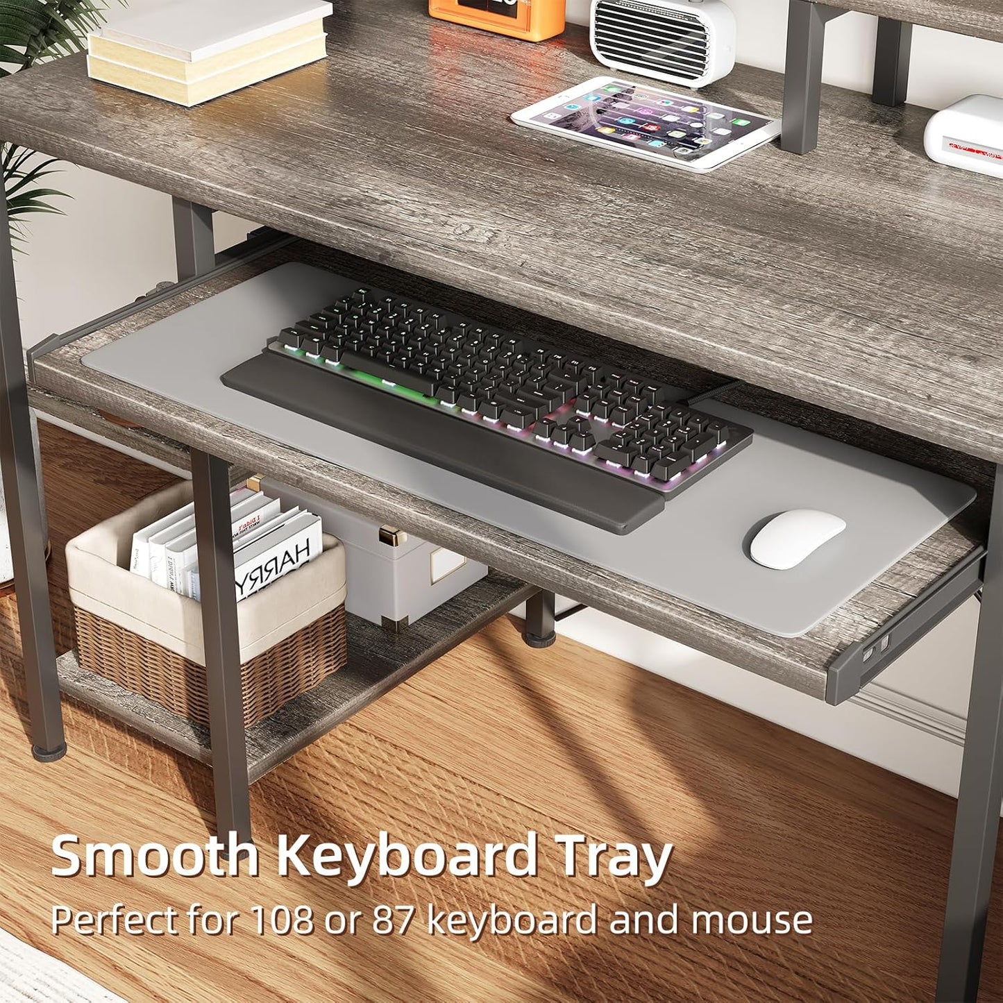 Computer Desk- 48 Inch Home Office Desk with Keyboard Tray, 47" Gaming Desk with Full Monitor Stand & Storage Shelves & CPU Stand, Modern Study Writing Table with Shelf for Storage, Gray Oak