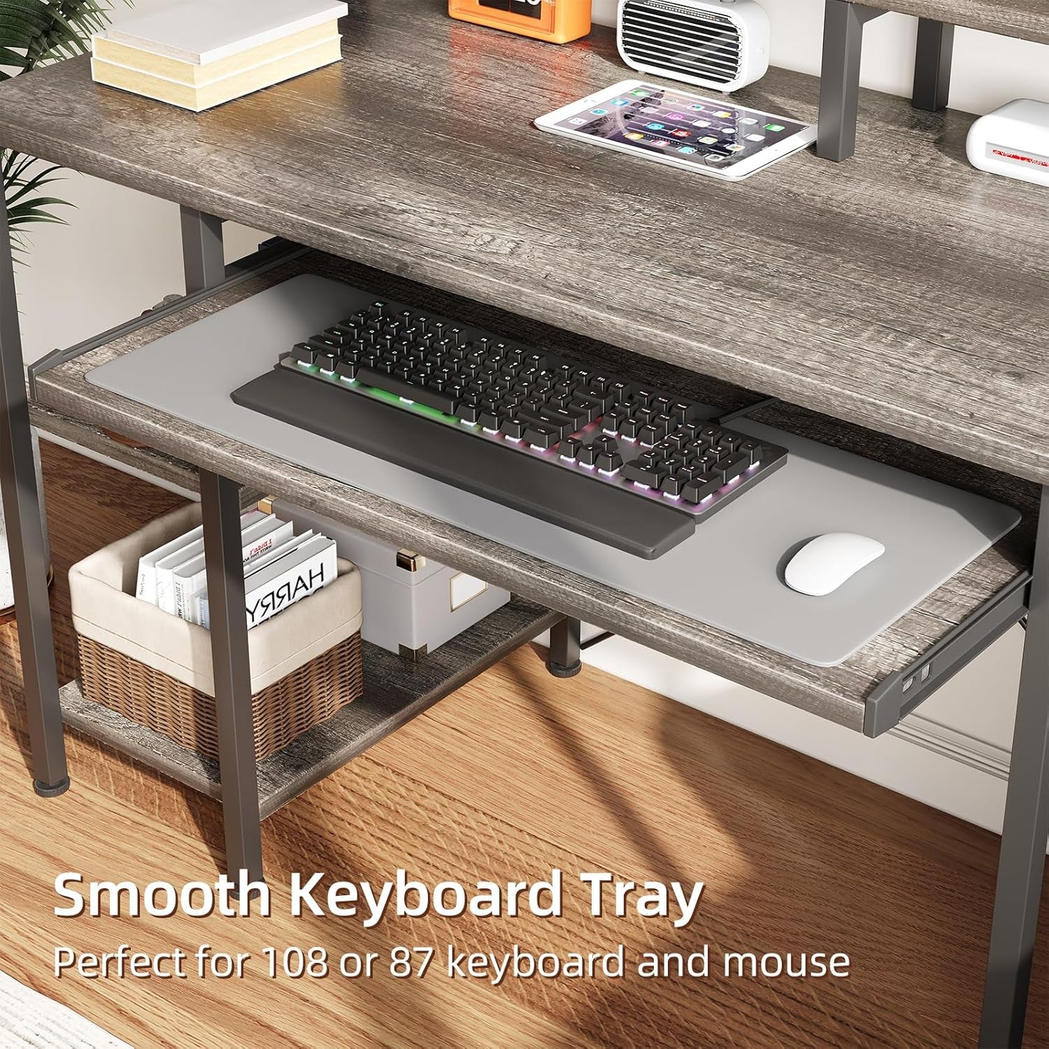 Computer Desk- 48 Inch Home Office Desk with Keyboard Tray, 47" Gaming Desk with Full Monitor Stand & Storage Shelves & CPU Stand, Modern Study Writing Table with Shelf for Storage, Gray Oak