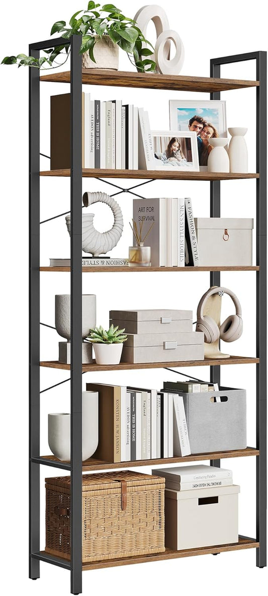 6-Tier Bookshelf, Bookcase with Steel Frame, Book Shelf for Living Room, Home Office, Study, 11.8 X 31.5 X 73.2 Inches, Industrial Style, Rustic Brown and Ink Black ULLS082B01