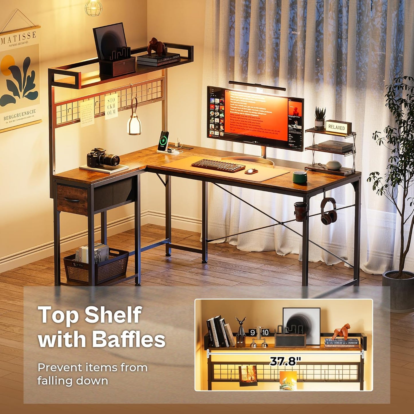 L Shaped Gaming Desk with Shelves, Corner Computer Table with LED Lights, Power Outlets and USB-C Ports, 50 Inch Reversible Home Office Desk with Storage Drawer, Work and Study, Rustic Brown