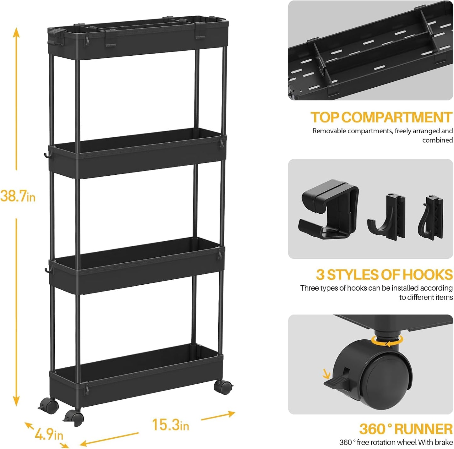 Slim Storage Cart 4 Tier,Bathroom Organizer Rolling Utility,Mobile Shelving Unit Slide Out for Office, Kitchen, Laundry Room & Narrow Places,Black