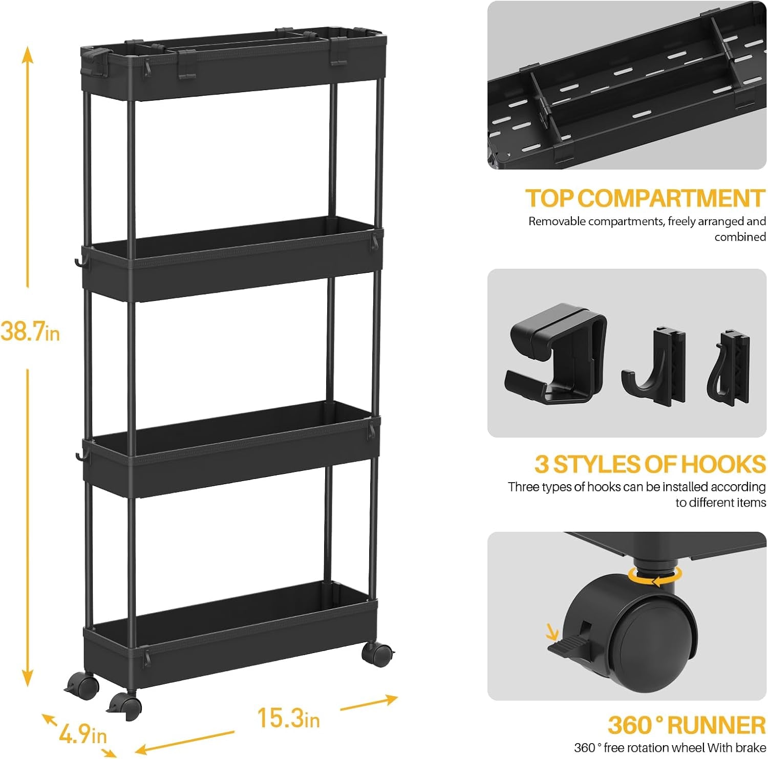 Slim Storage Cart 4 Tier,Bathroom Organizer Rolling Utility,Mobile Shelving Unit Slide Out for Office, Kitchen, Laundry Room & Narrow Places,Black