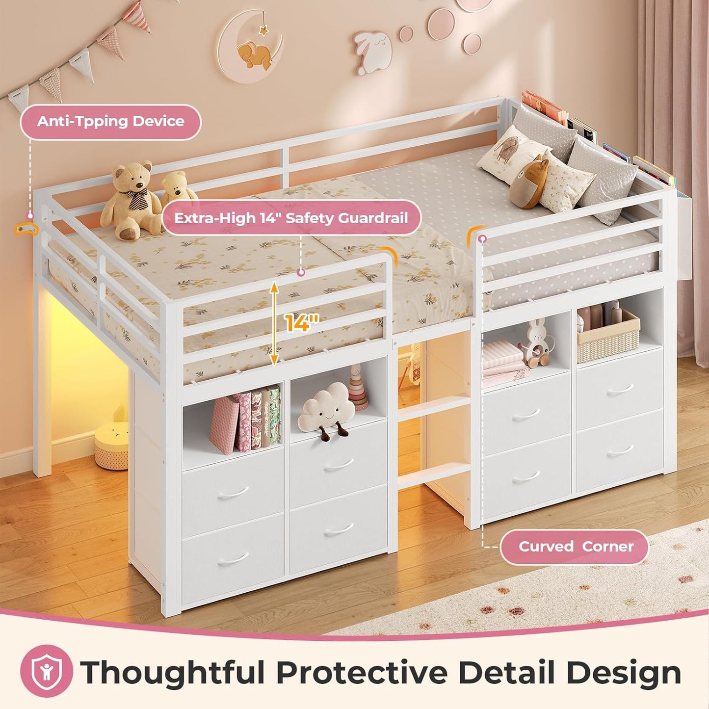Low Loft Bed Twin Size with 8 Storage Drawers, Twin Loft Bed with Bookcase and LED Lights, Metal Kids Loft Bed with 14" H Safety Guardrail, Under-Bed Play Space, No Box Spring Needed, White