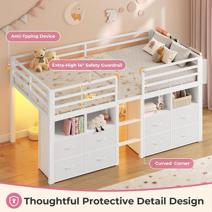 Low Loft Bed Twin Size with 8 Storage Drawers, Twin Loft Bed with Bookcase and LED Lights, Metal Kids Loft Bed with 14" H Safety Guardrail, Under-Bed Play Space, No Box Spring Needed, White