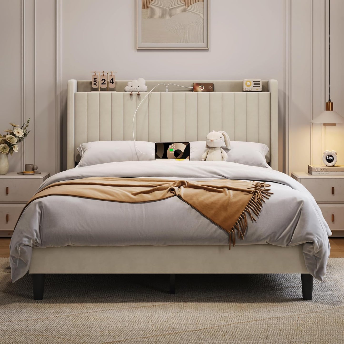 Queen Bed Frame with USB Charging Station and Storage Shelf/Upholstered Headboard Platform Bed with Wing Side/Wooden Slats Support/Noise Free/No Box Spring Needed/Easy Assembly, Ivory