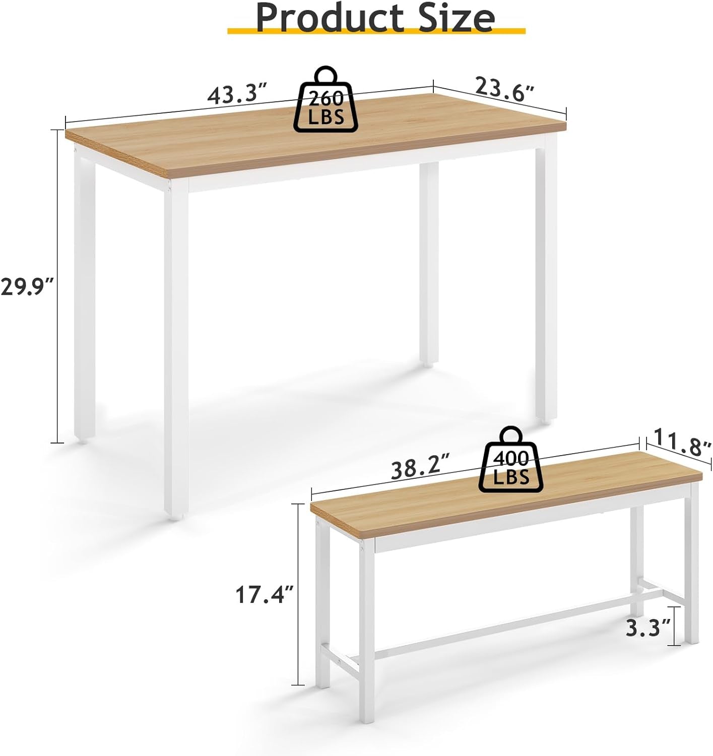 43" Dining Room Table Chairs Set for 4, Modern Space Saving Kitchen Table with 2 Benches & Adjustable Feet Breakfast Table, Wooden Industrial Style Farmhouse, White
