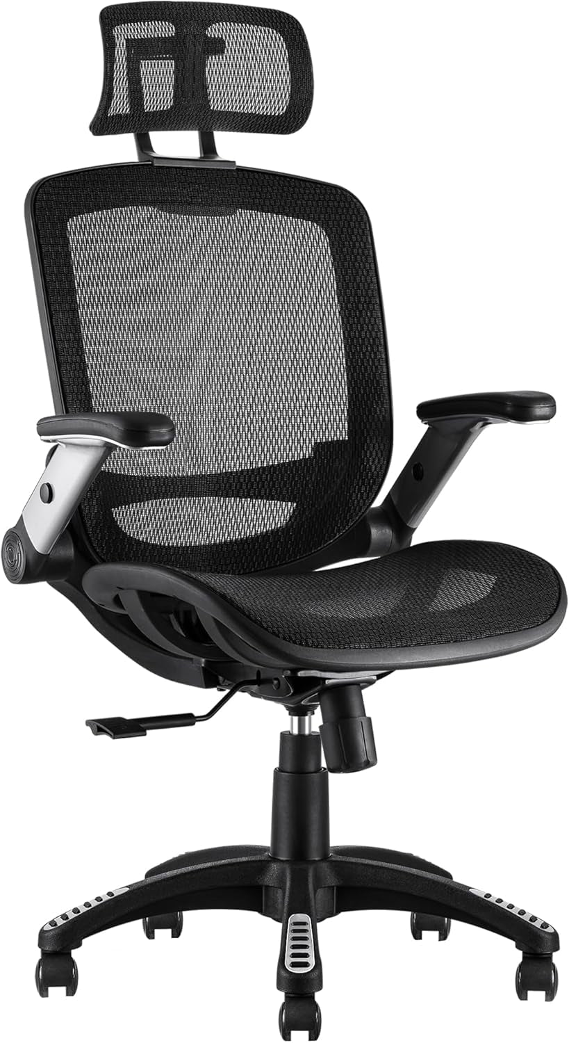 Ergonomic Office Chair, High Back Home Desk Chair with Headrest, Flip-Up Arms, 90-120° Tilt Lock and Wide Cushion, Big and Tall Mesh Chairs for Man Woman, Black Task Chair