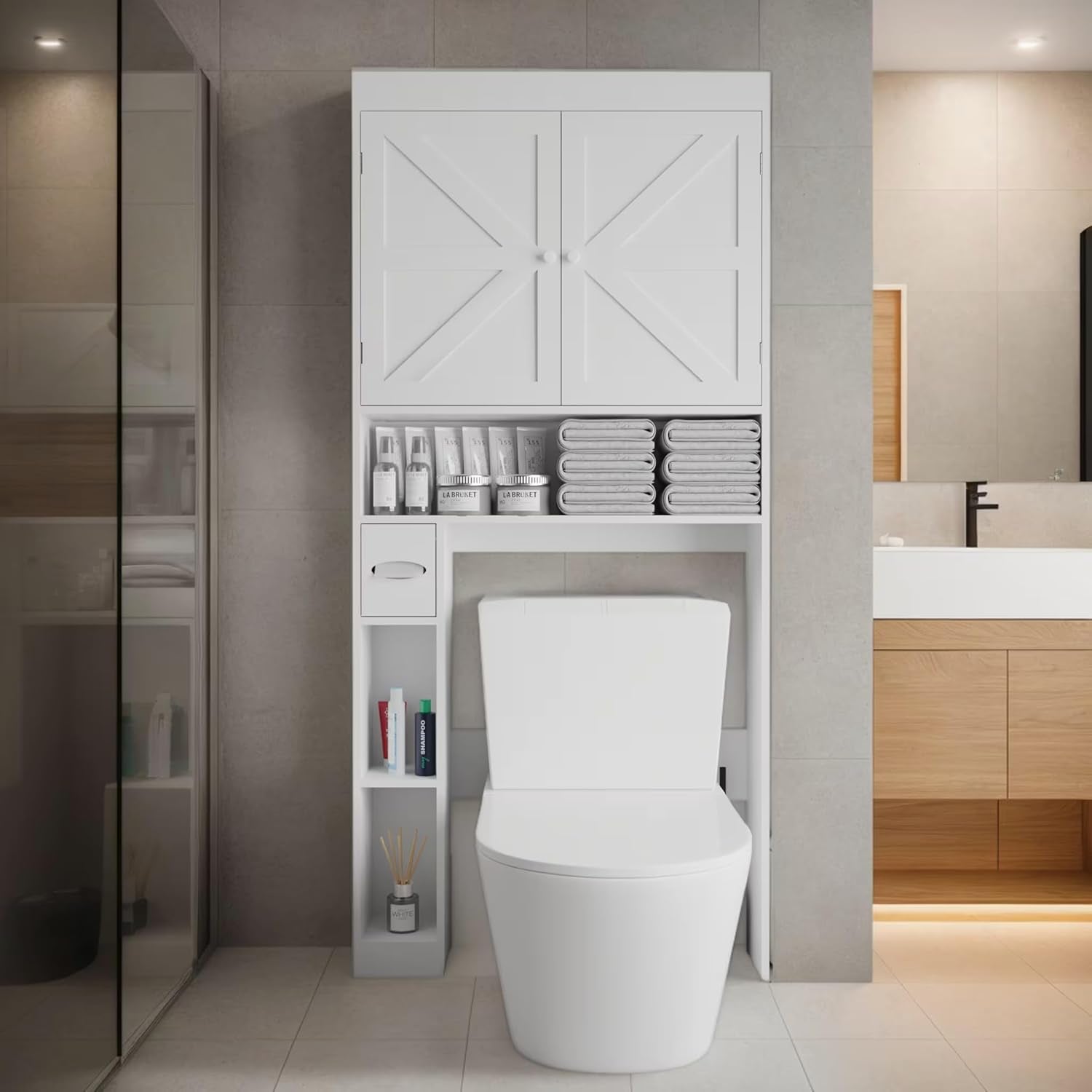 Over-The-Toilet Storage Cabinet with 2 Doors，Home Space-Saving Toilet Rack, Farmhouse Style for Bathroom, Restroom, Laundry