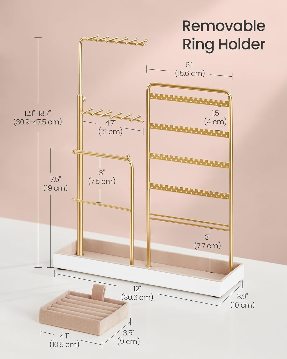 Jewelry Holder, Jewelry Storage Organizer Stand with Metal Frame, Velvet Tray, 12.1 to 18.7 Inches Tall Height Adjustable Necklace Holder, for Rings, Earrings, Pale Gold UJJS026A01