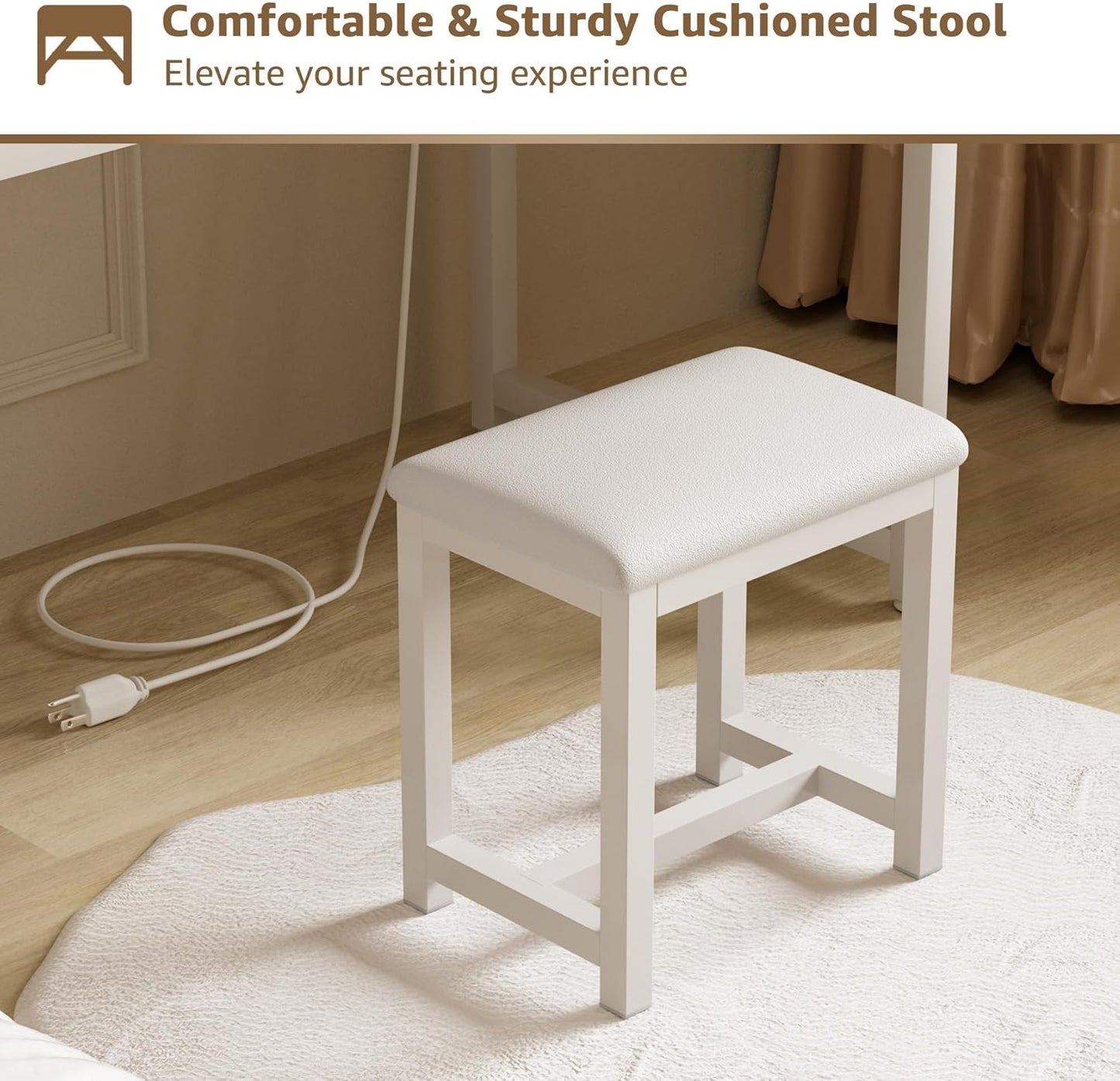 White Vanity Desk with Mirror and Light- Makeup Vanity Set Table with Chair, Storage, Lighted Mirror, 8 Large Fabric Drawers & Power Outlet, Dressing Table Vanities for Girls Bedroom