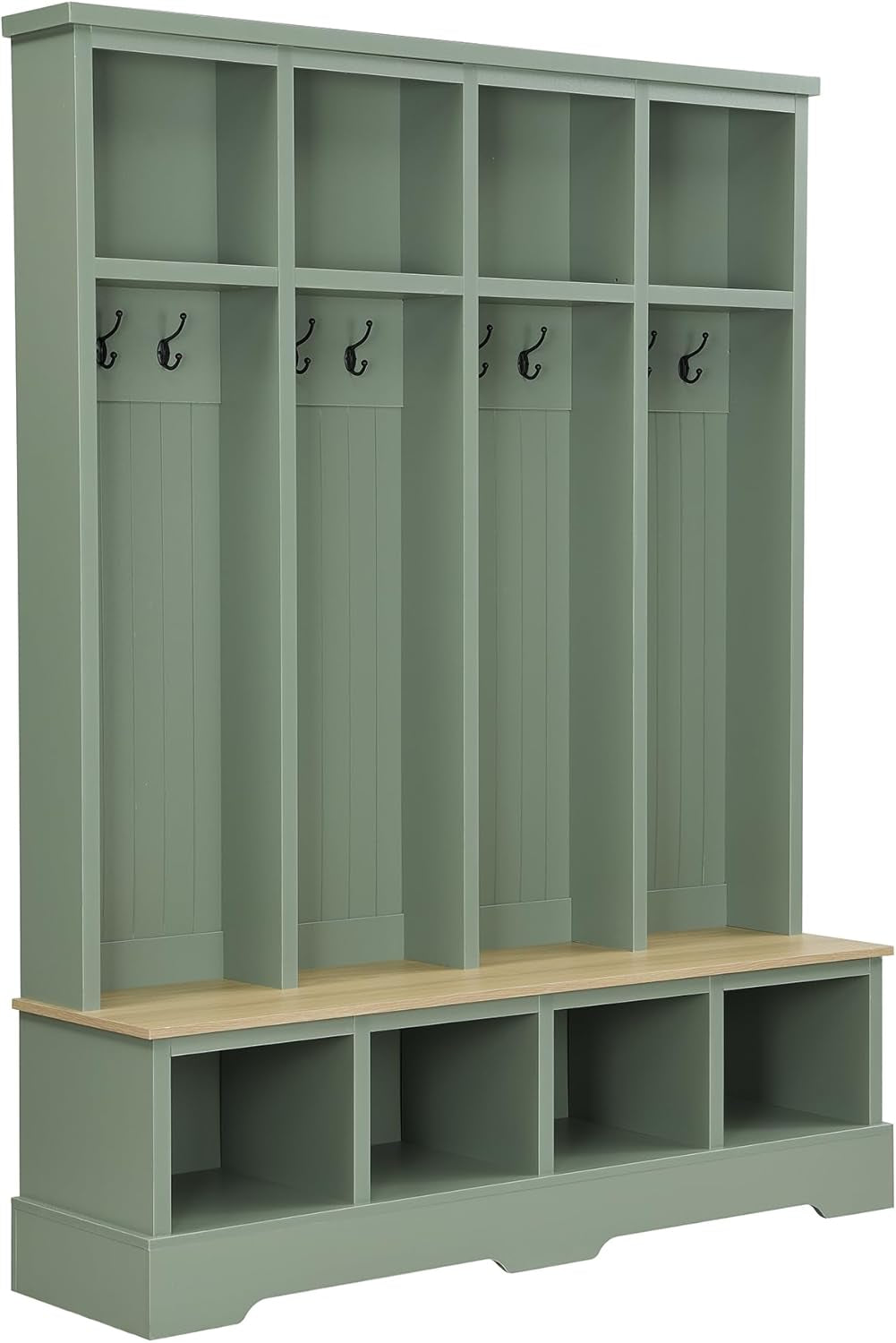 Farmhouse Hall Tree with 8 Hooks,Entryway Cabinet W/Bench,Multi-Functional Coat Rack W/4 Storage Unit and 4 Shoe Cabinet,Entryway Cabinets for Hallway,Living Room,Mudroom,Green