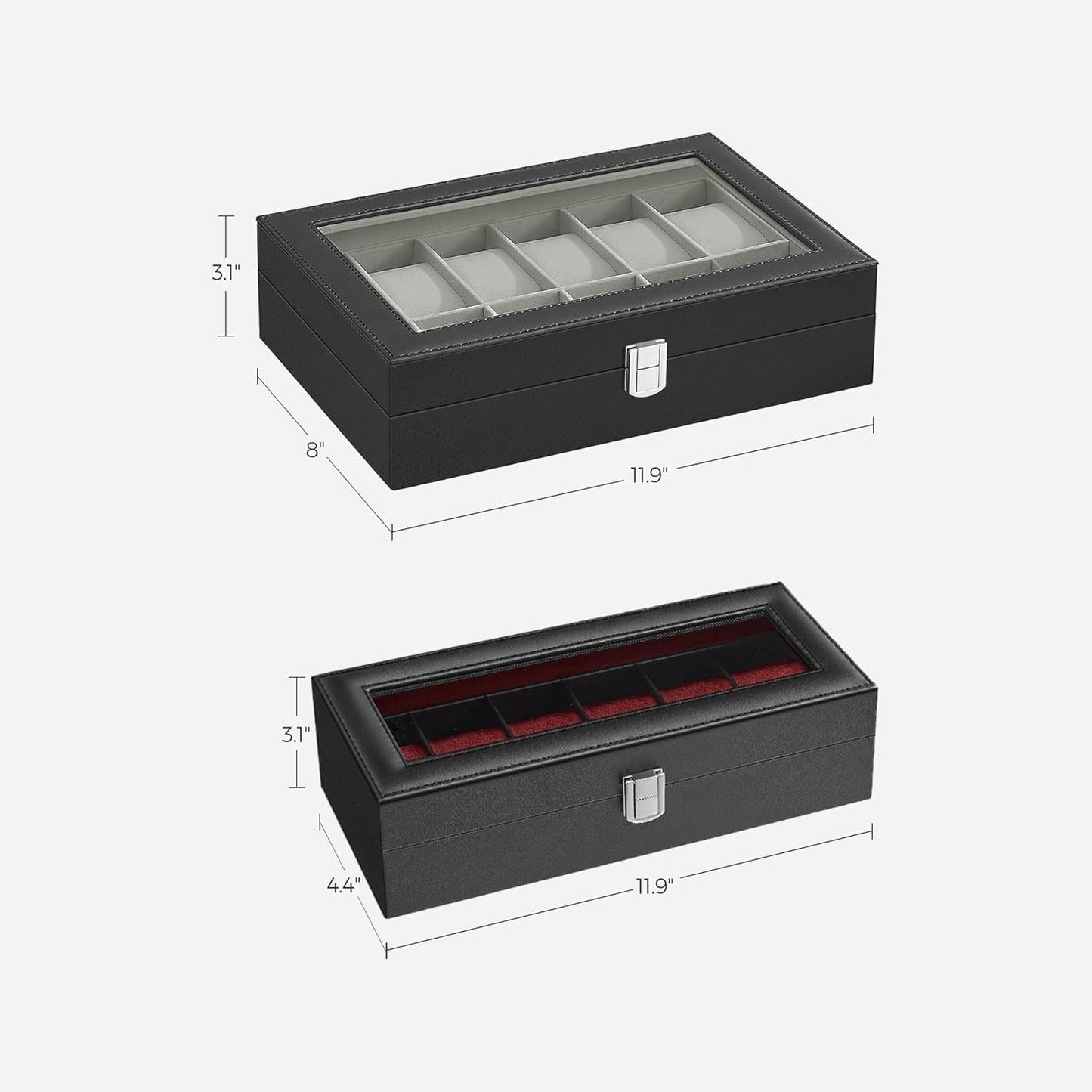 2 Items Bundle - Watch Boxes, 12-Slot Watch Box with Large Glass Lid and Removable Watch Pillows, 6-Slot Watch Case, Black Synthetic Leather UJWB12BK and UJWB006R01
