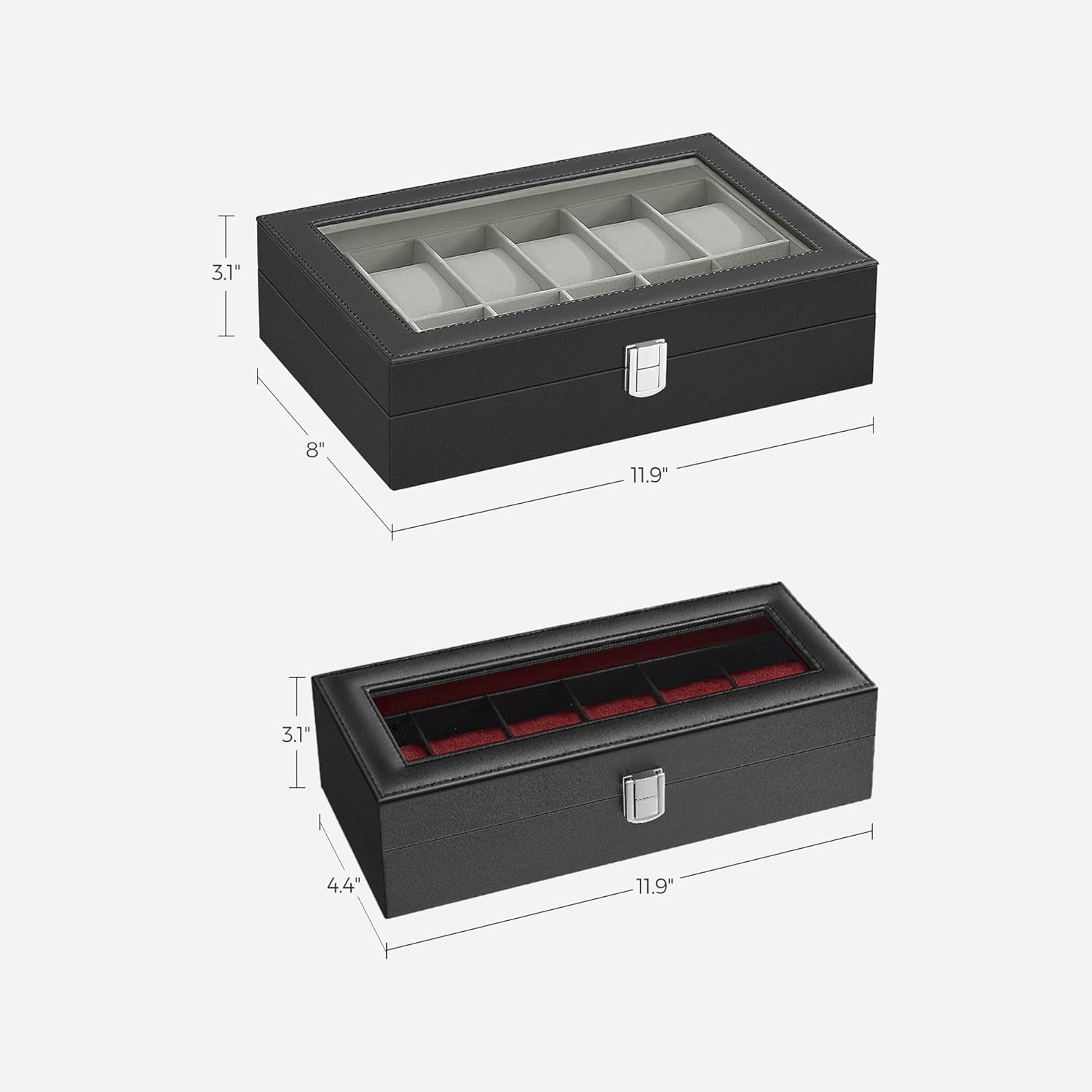 2 Items Bundle - Watch Boxes, 12-Slot Watch Box with Large Glass Lid and Removable Watch Pillows, 6-Slot Watch Case, Black Synthetic Leather UJWB12BK and UJWB006R01