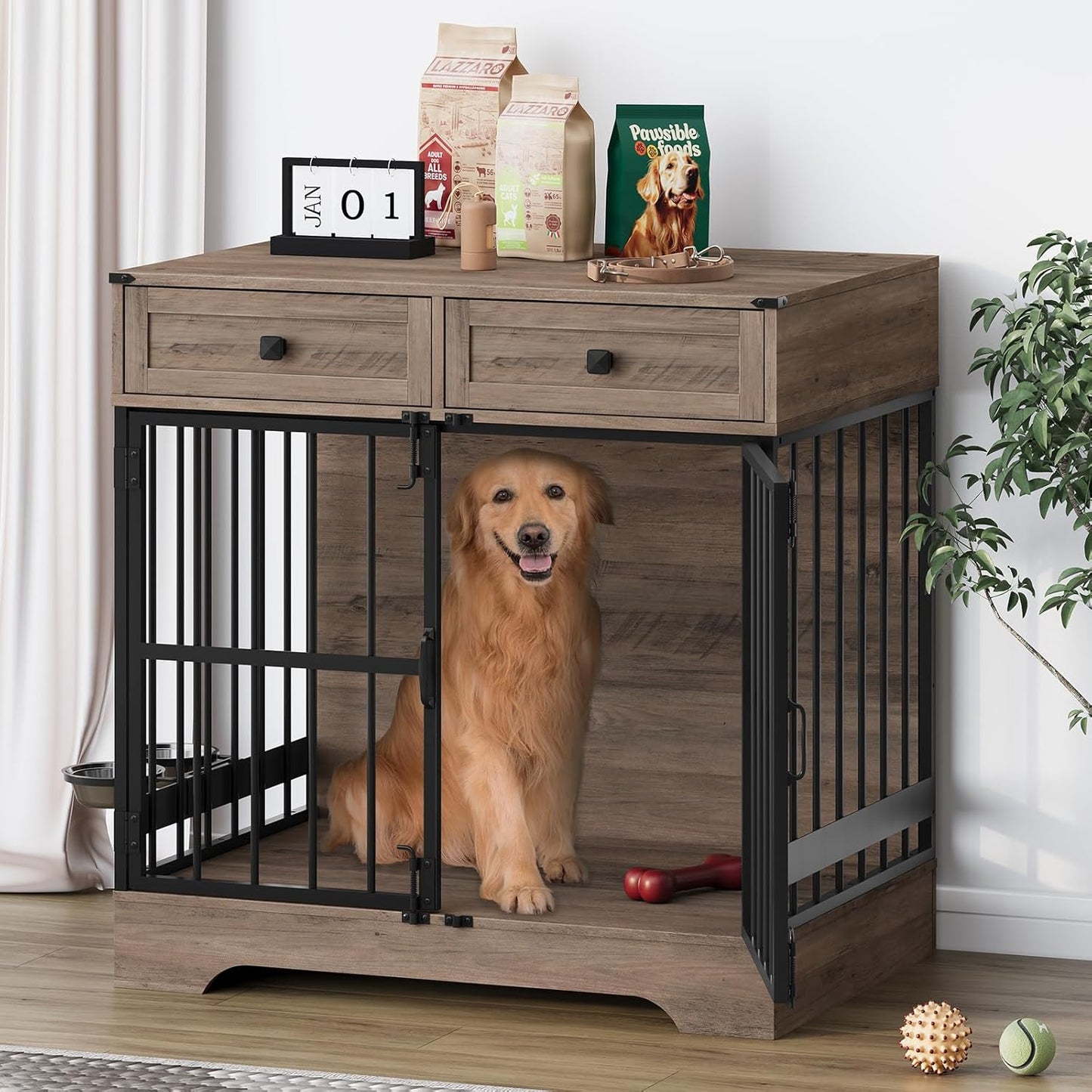 Dog Crate Furniture, 35 Inch Dog Kennel Indoor Furniture with Storage Drawers Rustic Pet Cage End Table with 2 Adjustable Bowls for Small/Medium/Large Dogs