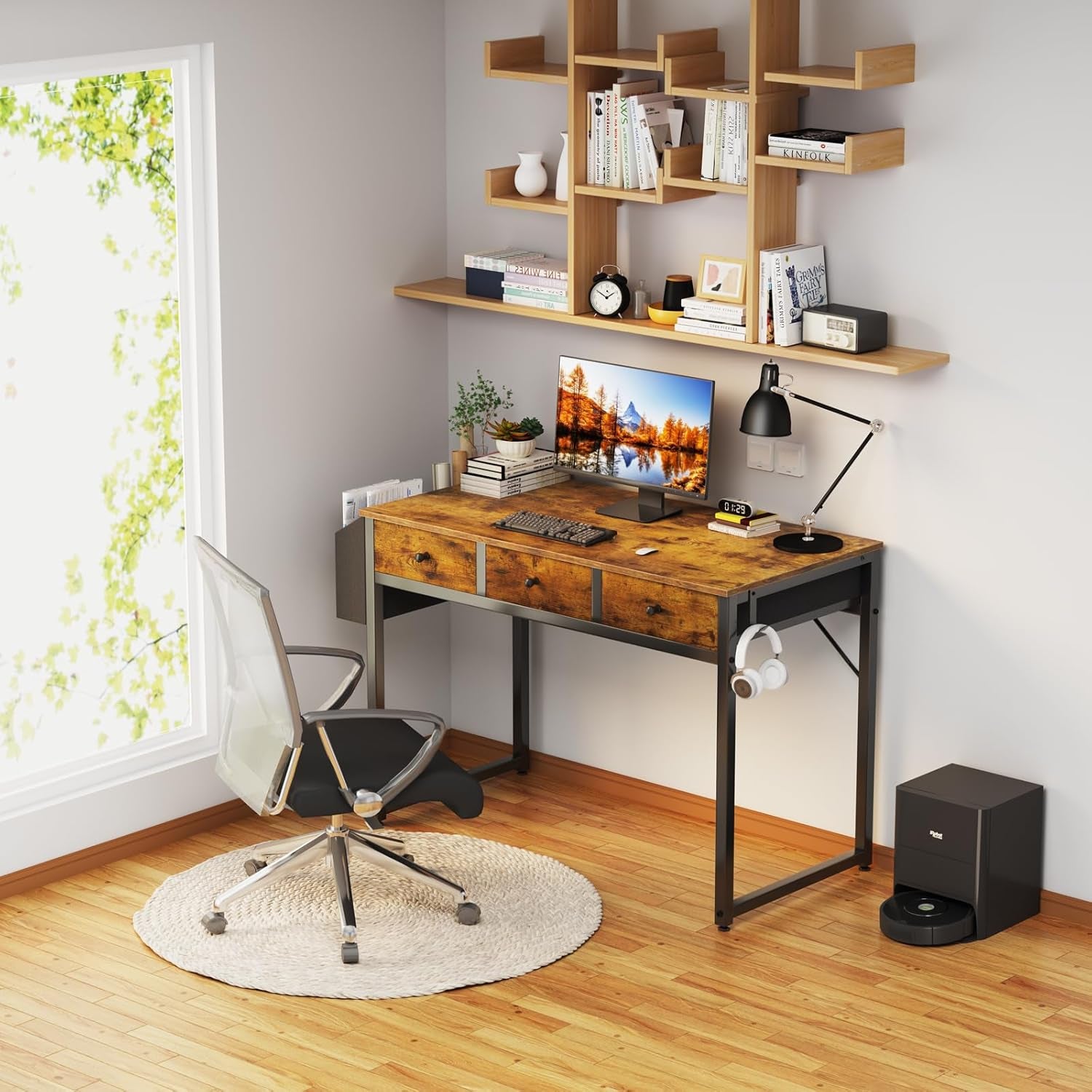 Small Computer Desk with 2 Drawers for Bedroom, 31 Inch Home Office Desk with Storage Fabric Drawer and Bag, Study Writing Table for Small Spaces, Rustic Brown