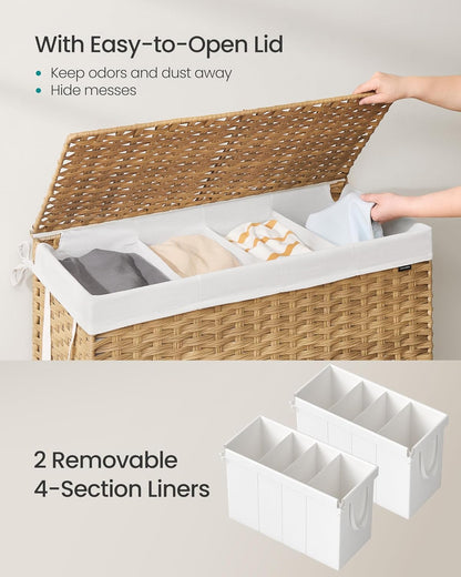 Laundry Hamper with Lid, 200 L Clothes Hamper with 2 Removable Liner Bags, 6 Mesh Bags, Wicker Laundry Basket, Double Laundry Hamper for Bathroom, 15.7 X 33.9 X 24 Inches, Natural ULCB452Y01