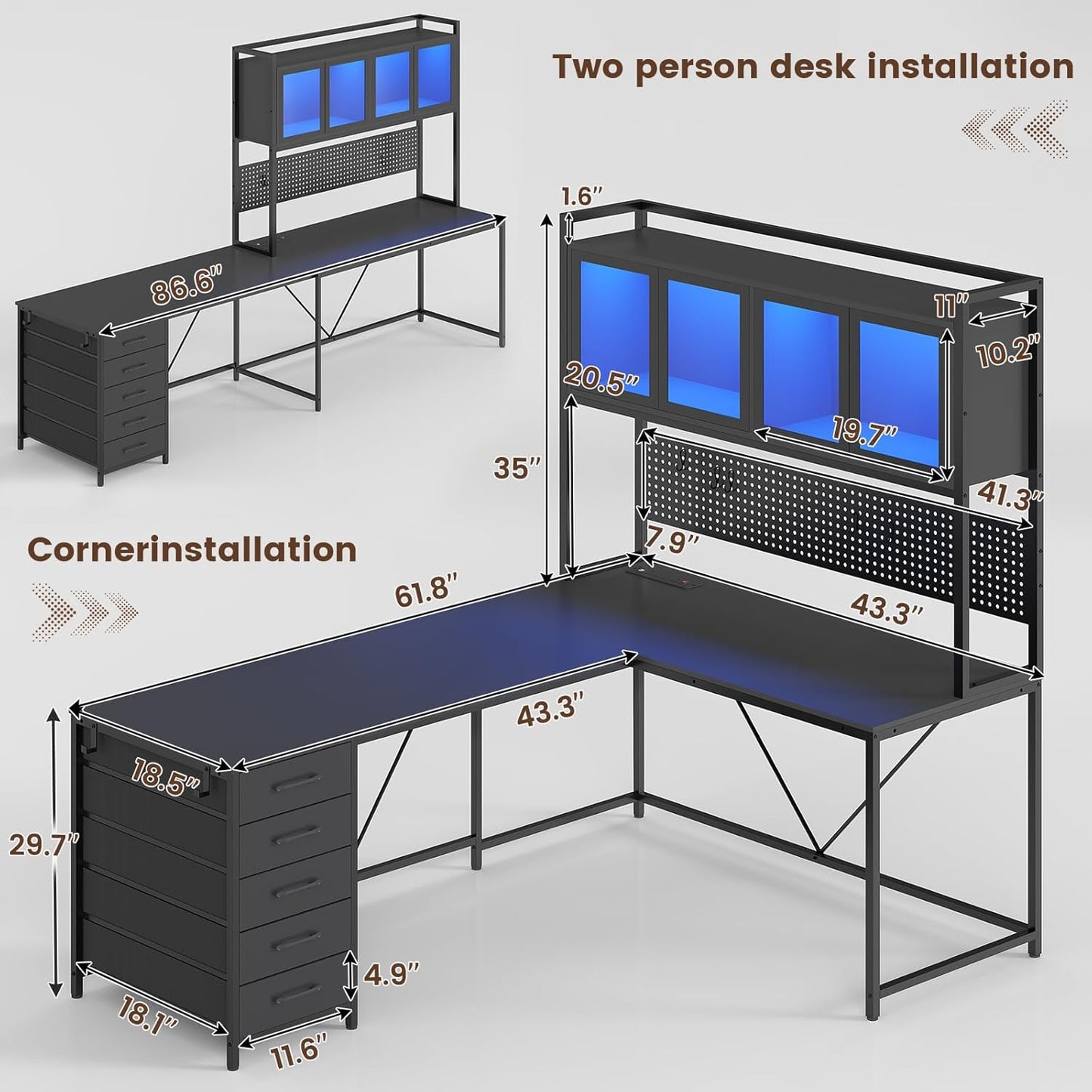 L Shaped Gaming Desk with Drawers, L Shaped Computer Desk with Hutch and Storage Shelves, Gaming Desk with Pegboard, Led Lights, and Power Outlet, Home Office Desk, Corner Desk, Black