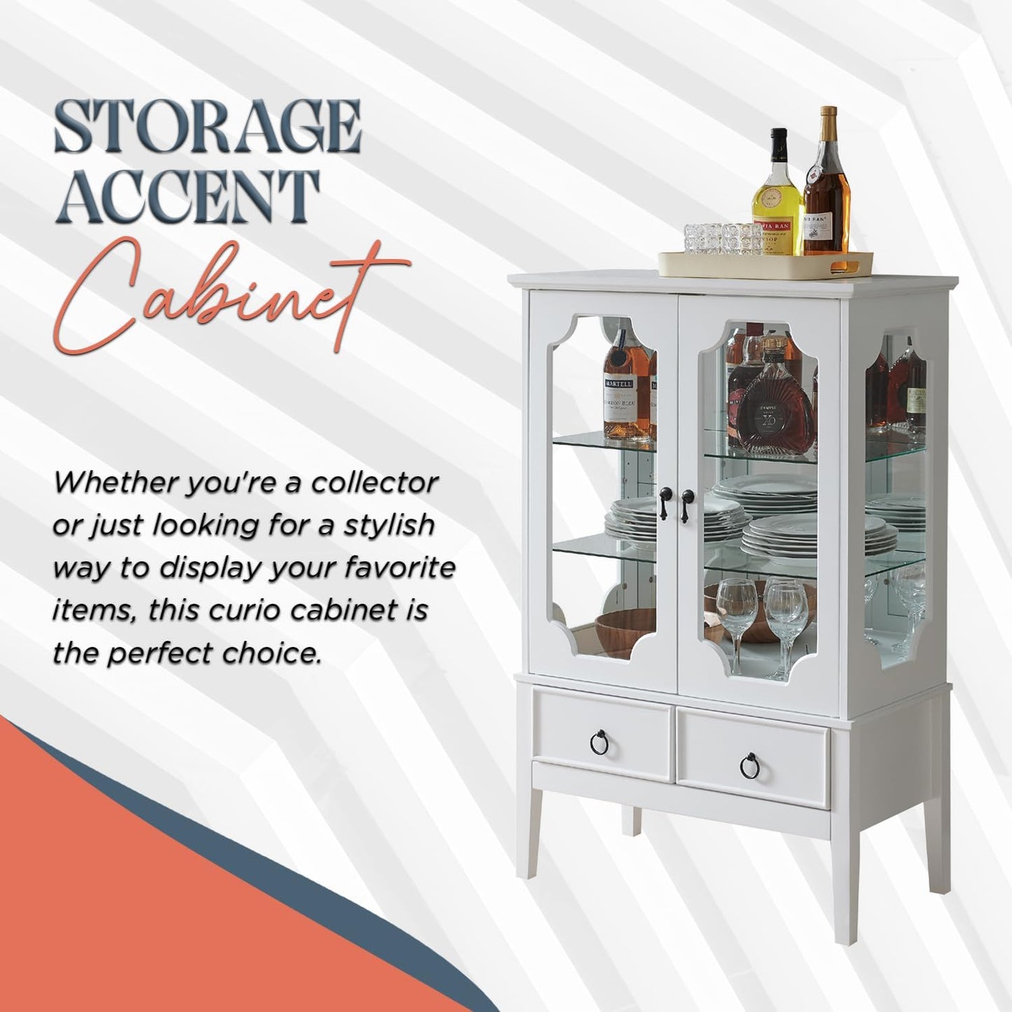 - Curio Accent Storage Cabinet with Doors, Glass Shelves & Drawers - Sideboard Buffet Display Cabinet for Living Room Dining Room Kitchen, White