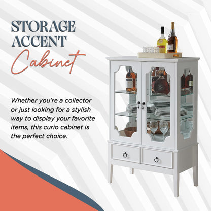 - Curio Accent Storage Cabinet with Doors, Glass Shelves & Drawers - Sideboard Buffet Display Cabinet for Living Room Dining Room Kitchen, White