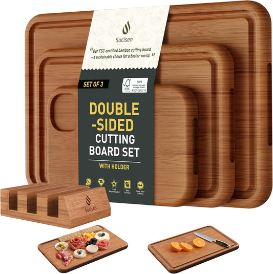 3 Packs Bamboo Cutting Board Set with Holder Nice Solid Thick Wood Deep Juice Groove & Built-In Handles Chopping Board Large Big Small Best Hardwood Kitchen Counter Organic Vegetable Meat BBQ Kit