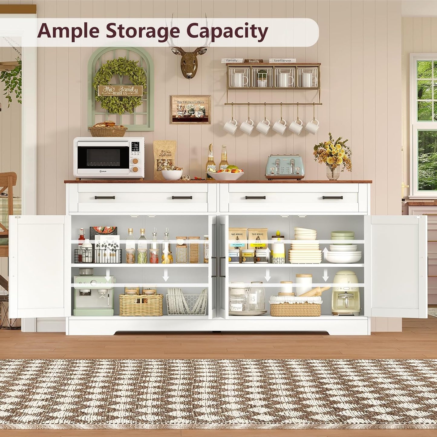 Buffet Cabinet with Storage and Drawers, 55" Large Sideboard Buffet Cabinet with Adjustable Shelves and Doors, Modern Coffee Bar for Kitchen, Living Room, White
