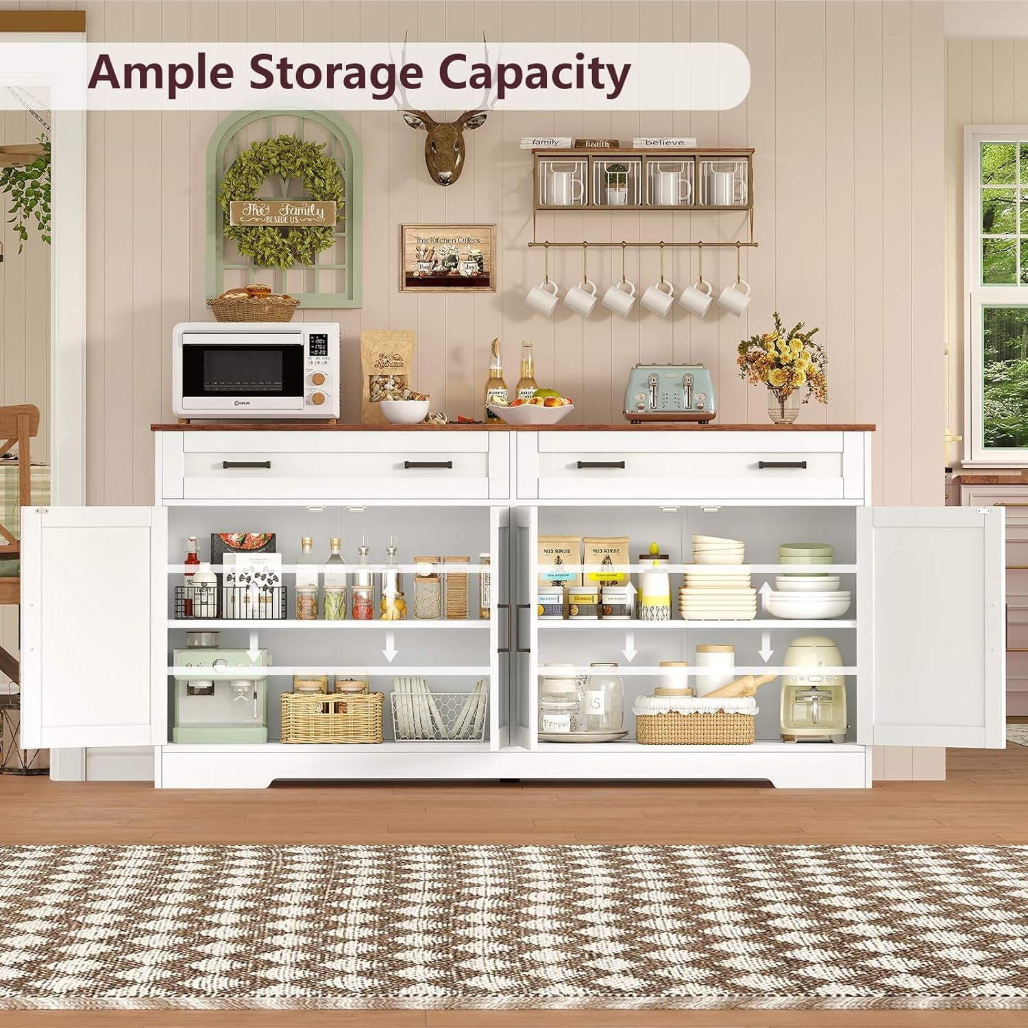 Buffet Cabinet with Storage and Drawers, 55" Large Sideboard Buffet Cabinet with Adjustable Shelves and Doors, Modern Coffee Bar for Kitchen, Living Room, White