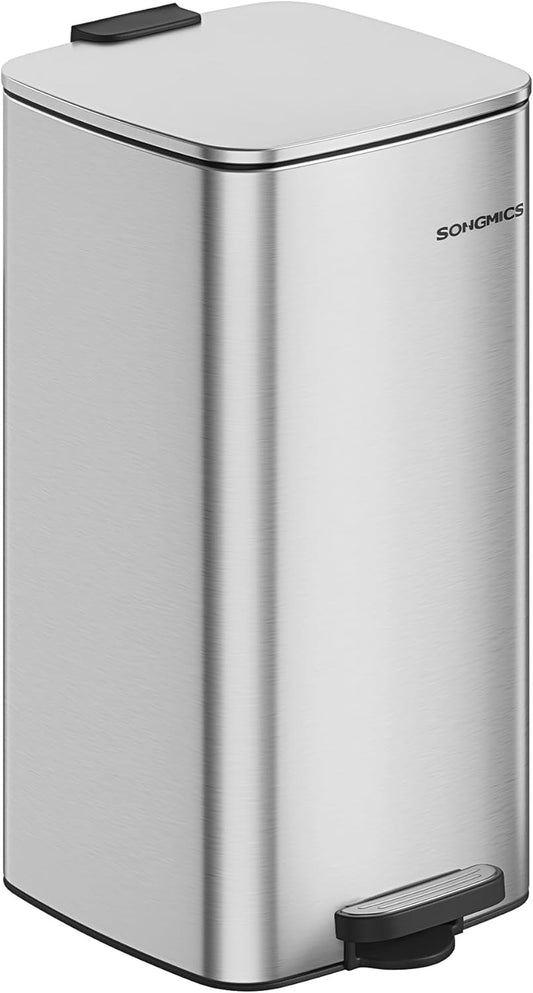 Kitchen Trash Can, 8-Gallon (30 L) Trash Bin, Stainless Steel Garbage Can, with Inner Bucket, Soft Close and Stays Open, Metallic Silver ULTB593E01