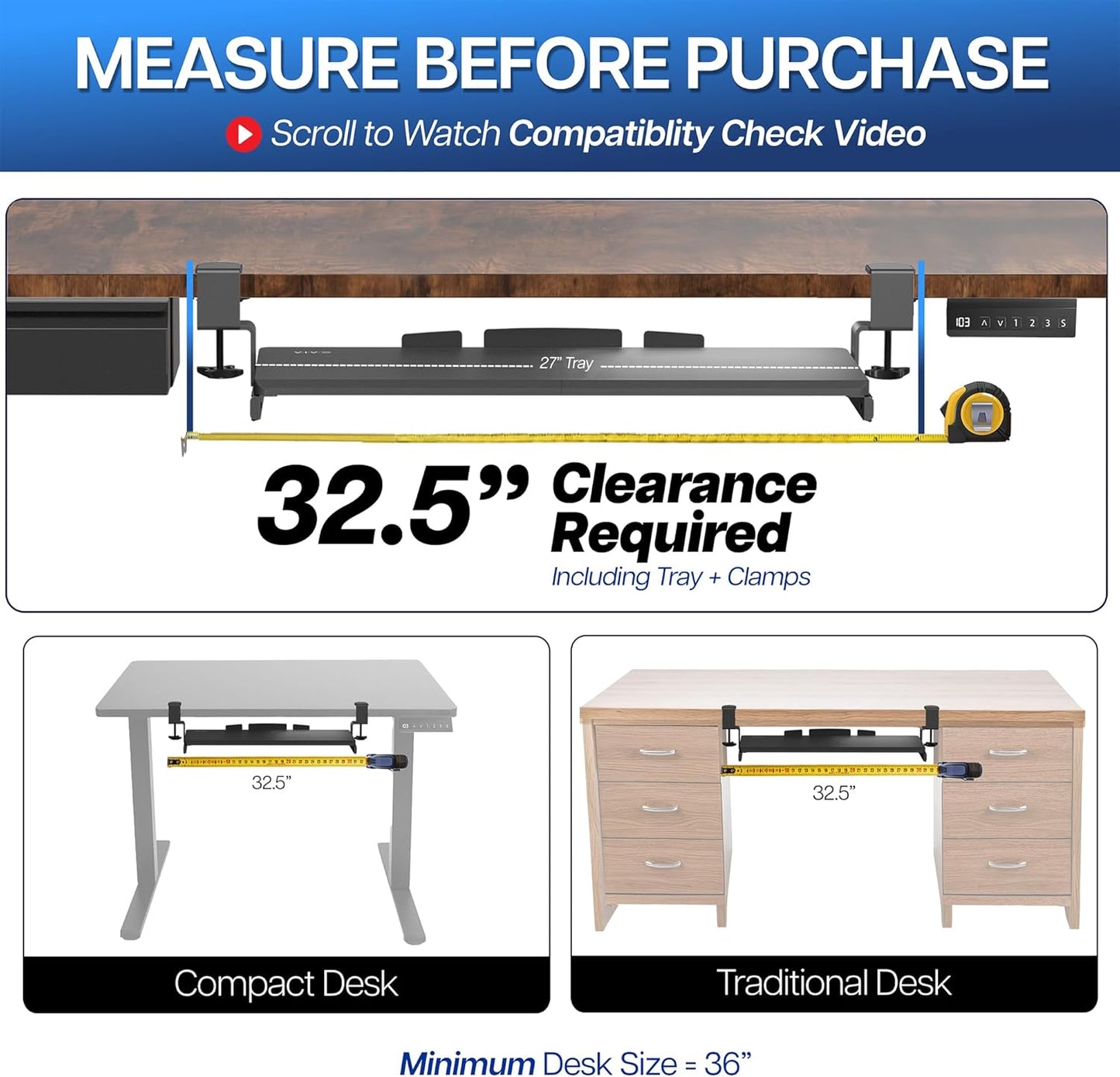 Large Keyboard Tray under Desk Pull Out with Extra Sturdy C Clamp Mount System, 27 (33 Including Clamps) X 11 Inch Slide-Out Platform Computer Drawer for Typing, Black, MOUNT-KB05E