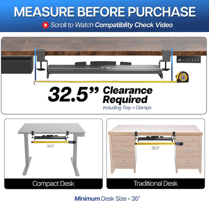 Large Keyboard Tray under Desk Pull Out with Extra Sturdy C Clamp Mount System, 27 (33 Including Clamps) X 11 Inch Slide-Out Platform Computer Drawer for Typing, Black, MOUNT-KB05E