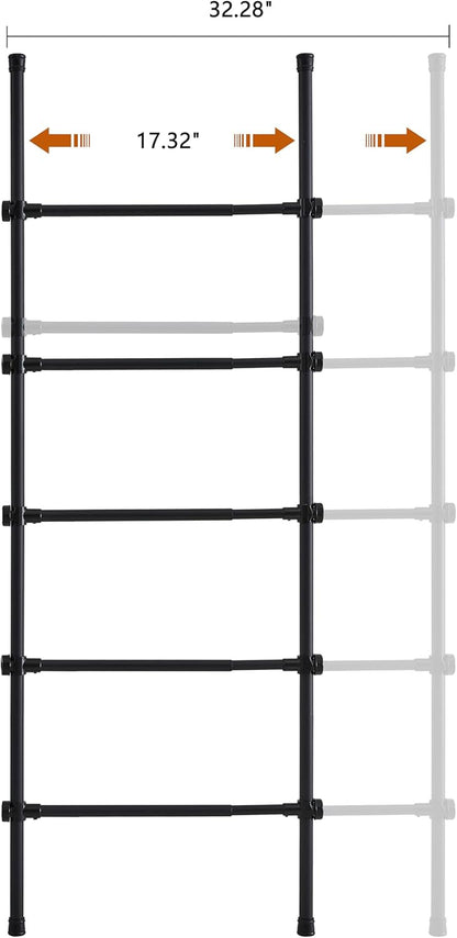 Blanket Ladder Black Expandable Width (17.3-32.3 Inch) 5.4 Ft Tall 5 Rungs Metal Quilt Holder Rack Wall Leaning Strong Load Capacity, Modern Farmhouse Decor Easy Assembly for Living Room,Bedroom