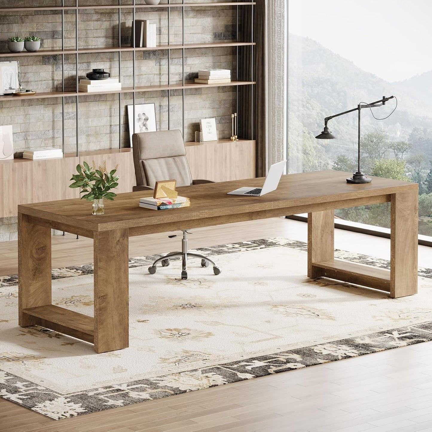 Two Person Desk, 86.6 Inches Extra Long Desk, Double Computer Writing Table, Wood Large Desks Workstation for Home Office, Natural Wood