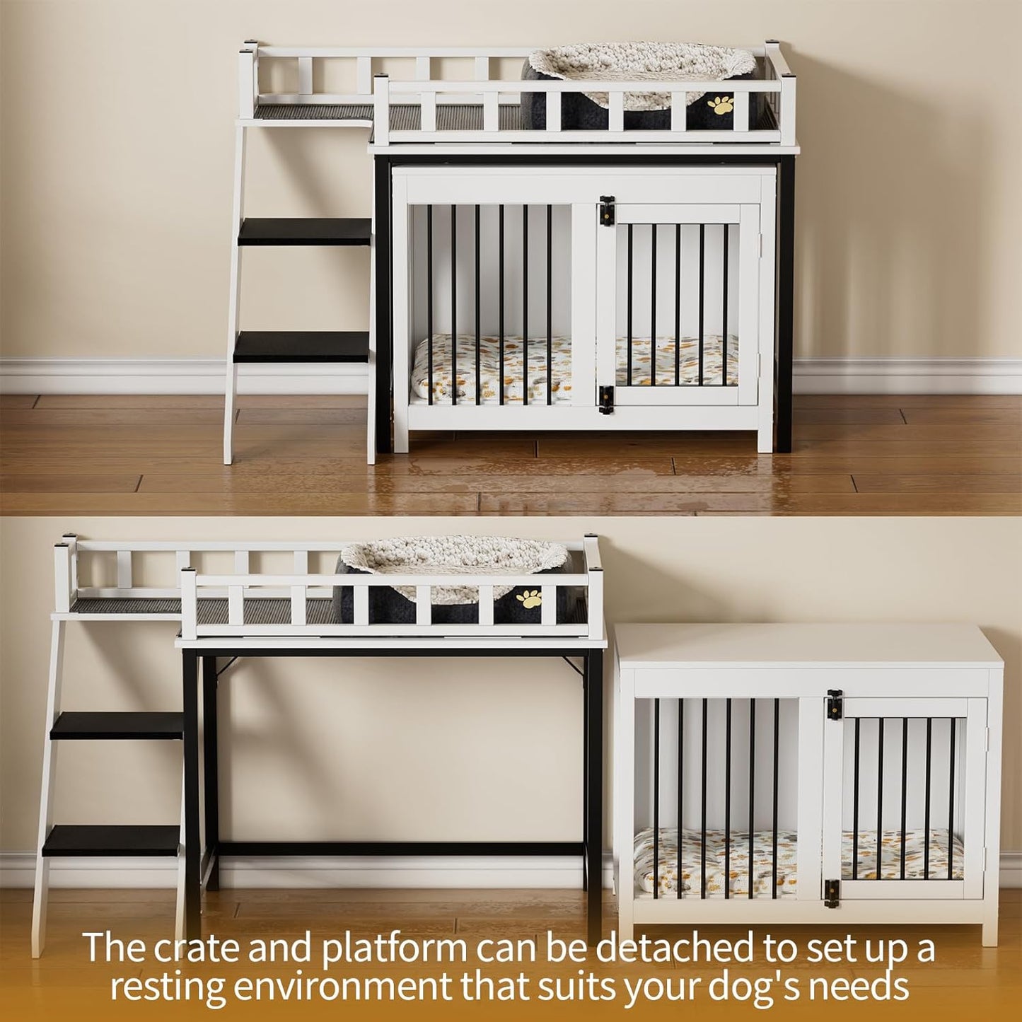 Dog Crate Furniture, Pet Bunk Bed with Stairs and Storage, Dogs/Cats Window Perch, with Multi-Purpose Blanket and Fluffy Dog Bed for Small Medium Size