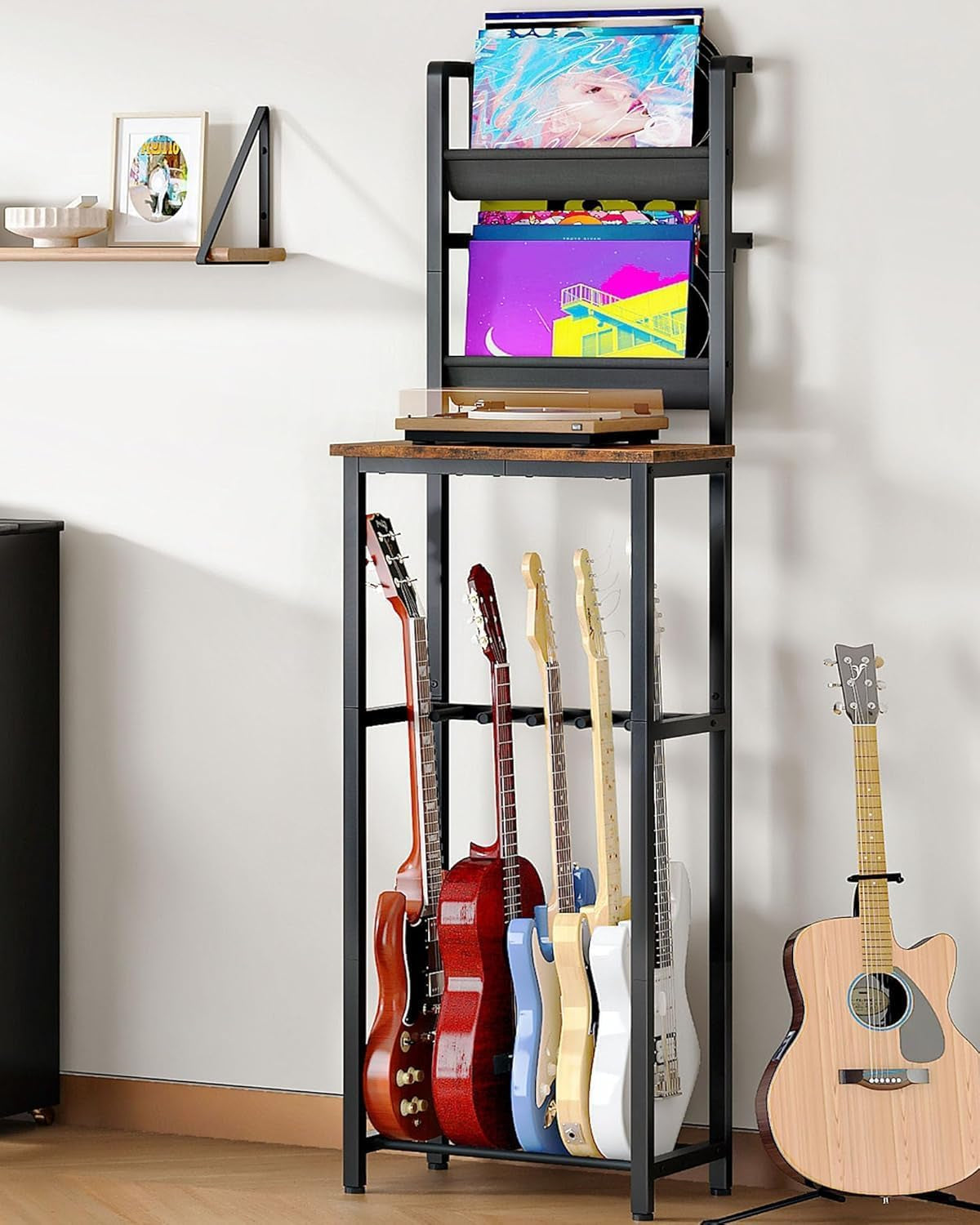 70.5"H Multi Guitar Stand, Guitar Rack Record Player Stand Sturdy and Space-Saving, Guitar Display Holds 6 Instruments, Retro Industrial Style, for Home, Studio, Rustic Brown and Black TCJ18BF