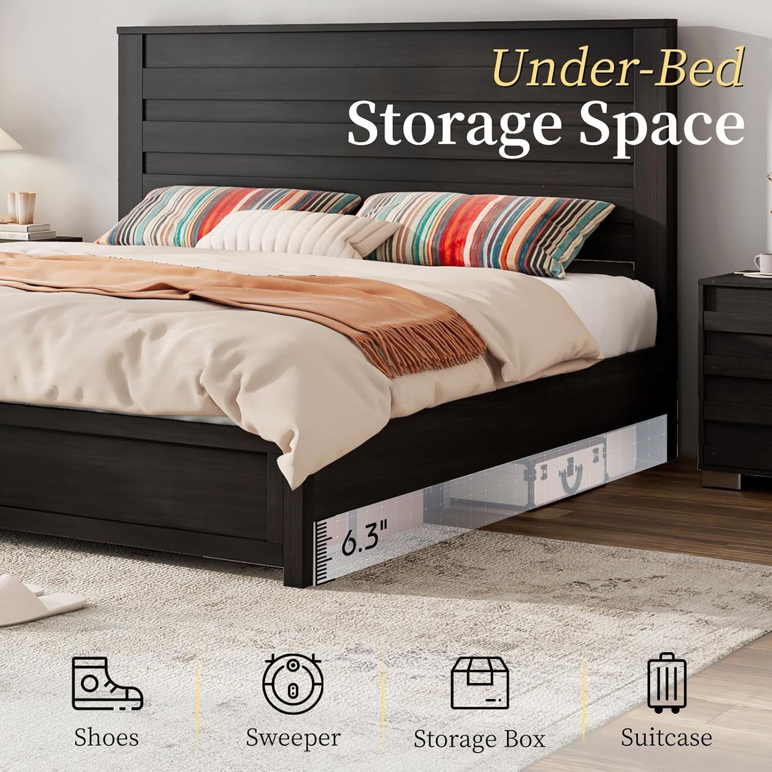 2 Pcs Bedroom Furniture Sets - Includes 1 X Farmhouse 6 Drawers Dresser, 1X Farmhouse Full Size Bed Frame with 49" Tall Headboard, Wooden Platform Bed with Hidden Metal Bed Frame, Black