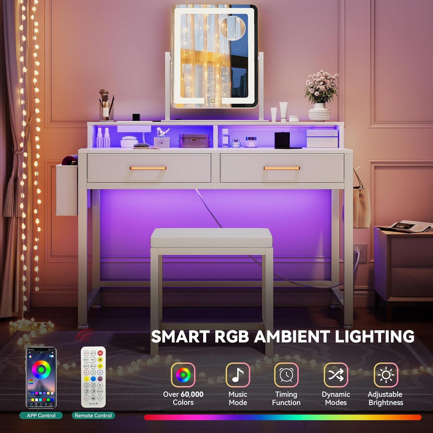 Makeup Vanity Desk with 3-Color Dimmable Lighting Mirror, Vanity Table with 2 Fabric Drawers, Stool, RGB Light Strip & Charging Station, Modern Makeup Desk Set for Home Office, Cream White