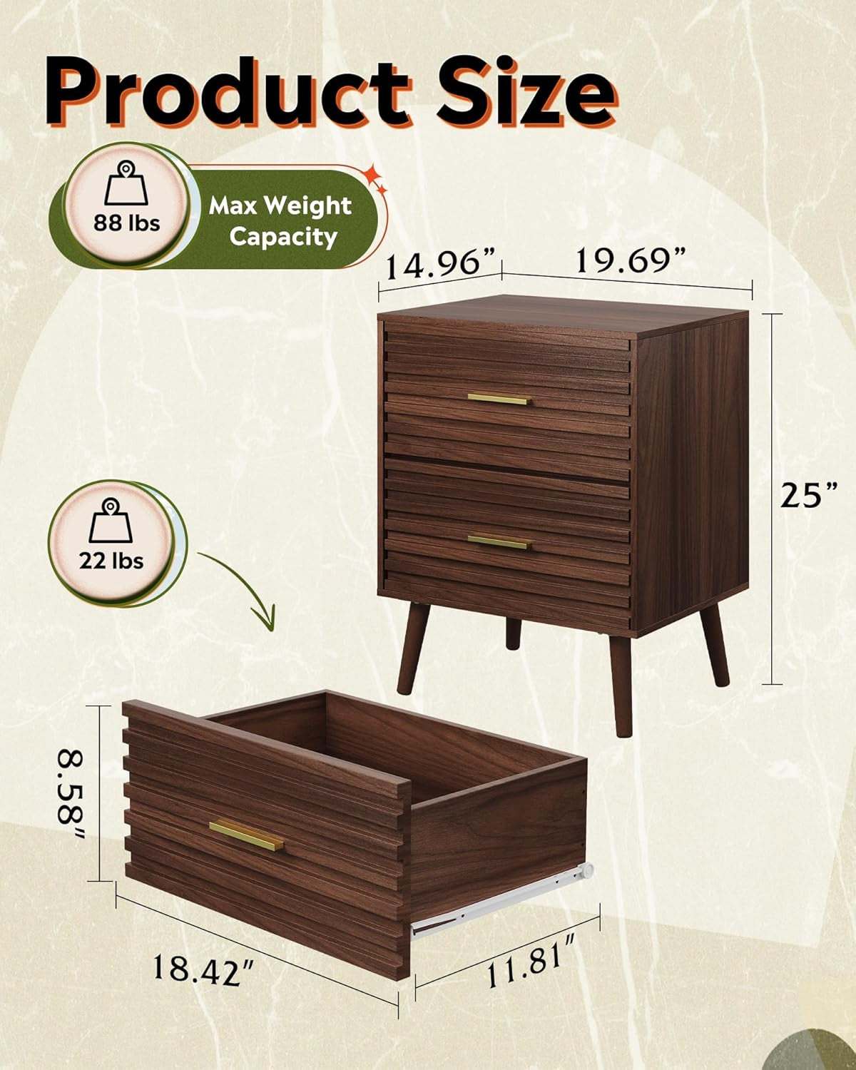 Wood Night Stand Set of 2 with 2 Drawers, Mid Century Modern Nightstand Sets, Fluted Bed Side Tables for Bedroom, Dorm, Living Room End Table