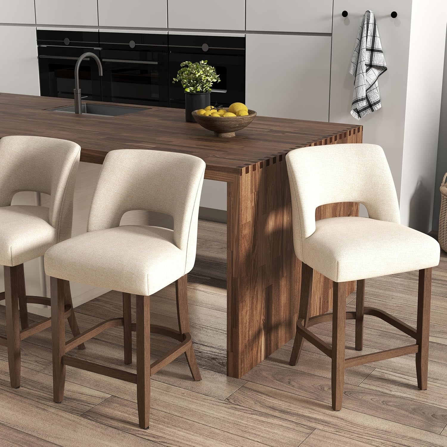 Bar Stools Set of 4,Upholstered Counter Height Bar Stools,Modern Counter Stools with Wood Legs for Kitchen Island Dining Room Bar,Beige